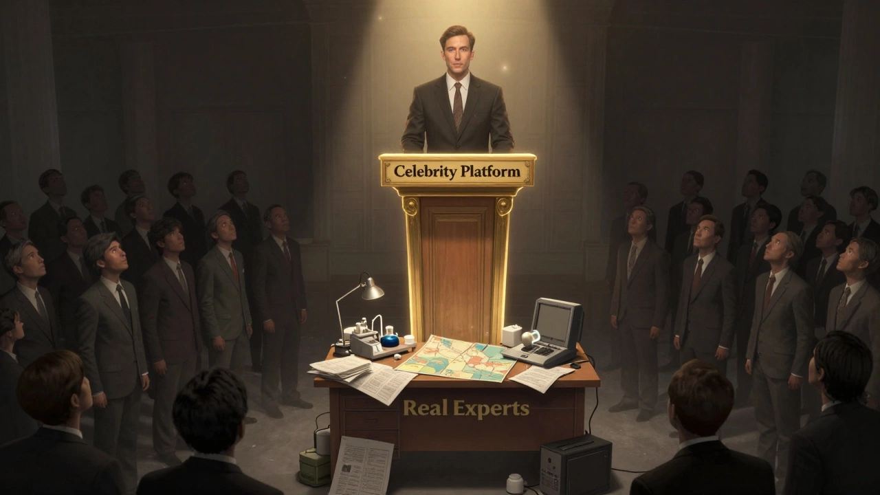 A celebrity podium towers over real experts&#039; desk with research papers and maps.