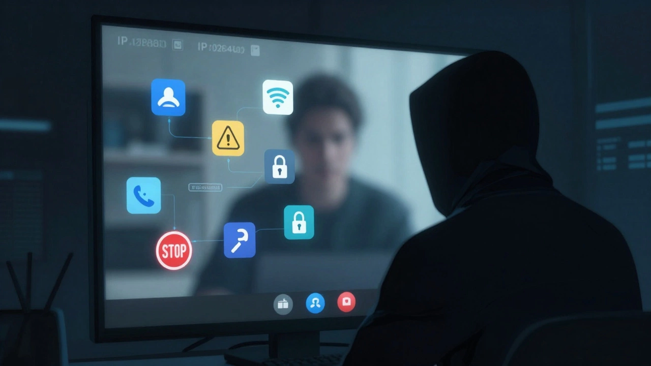 A digital video call screen surrounded by warning symbols and payment icons, representing online legal risks.
