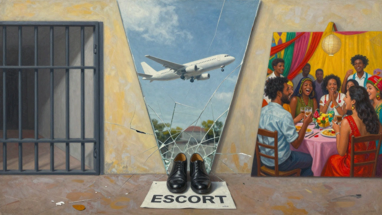 A fractured mirror showing three paths: legal danger, deportation, and a positive social gathering.