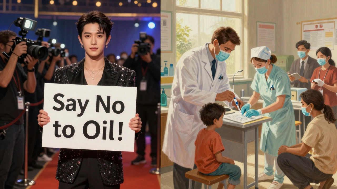 Celebrity at awards show vs. scientist and nurse working in real-world settings.